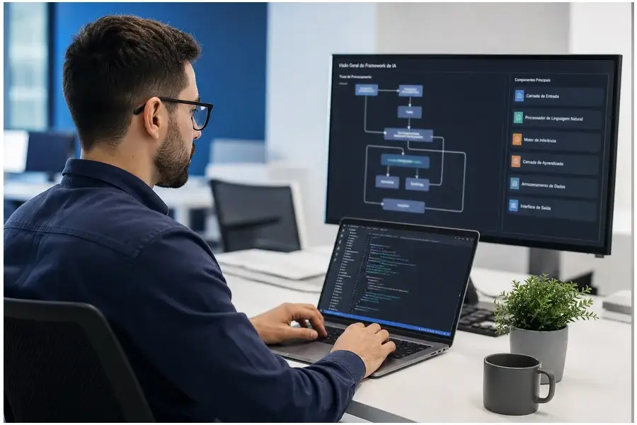 Engenheiro de software revisando código de framework de IA em laptop