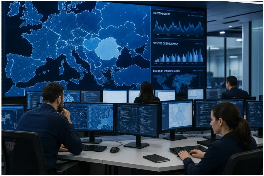 Profissionais de segurança cibernética monitorando ataques em centro de operações governamental.