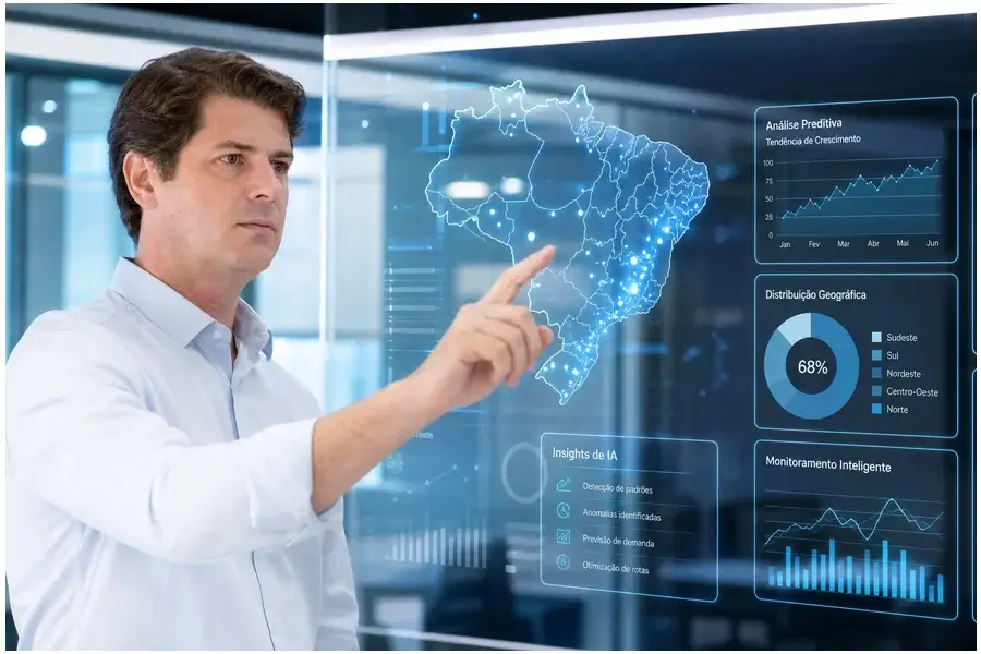 CEO Frederico Hohagen interagindo com tela digital mostrando mapas e dados de IA em ambiente corporativo moderno.