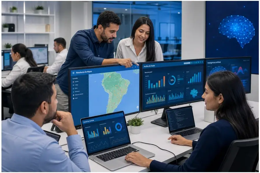 Equipe diverse de profissionais latino-americanos colaborando em projetos de IA e nuvem com mapas e dashboards digitais.