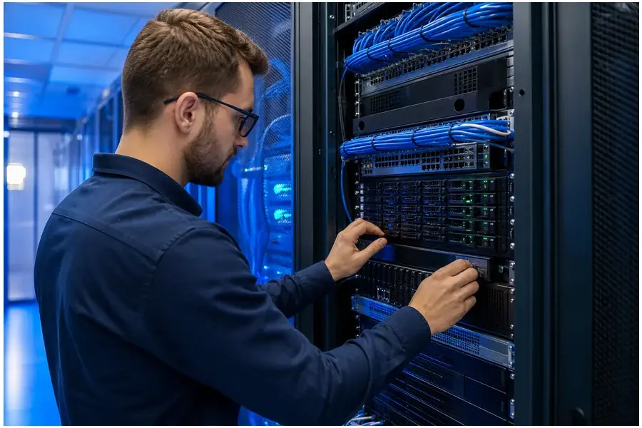 Servidor de data center moderno com iluminação azul, simbolizando infraestrutura de nuvem para IA e geolocalização.