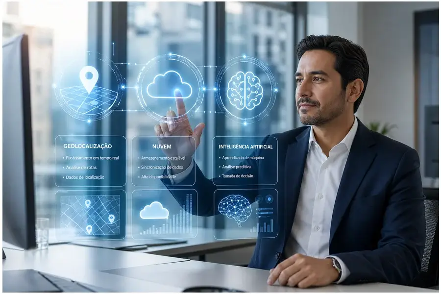 Executivo analisando tela holográfica com integração de IA, nuvem e geolocalização.