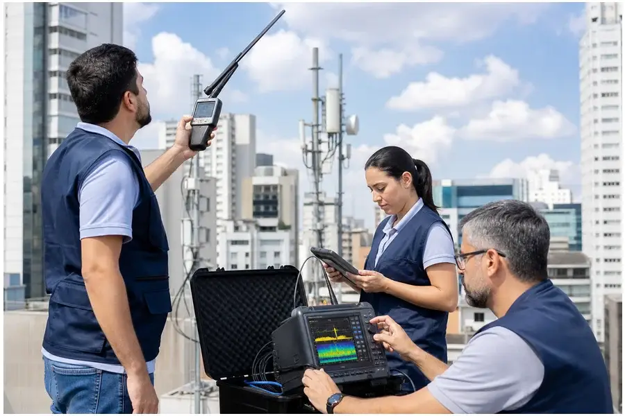 Técnicos da Anatel em operação de campo usando analisadores de espectro para localizar antenas clandestinas em São Paulo.