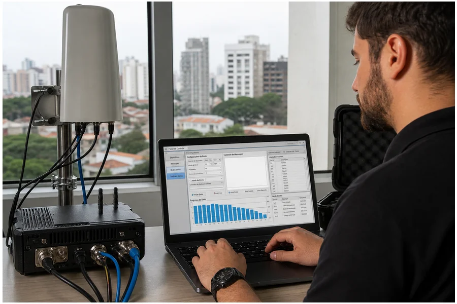 Equipamento portátil usado para simular ERB falsa, com antena, transmissor e notebook para envio de SMS fraudulentos.