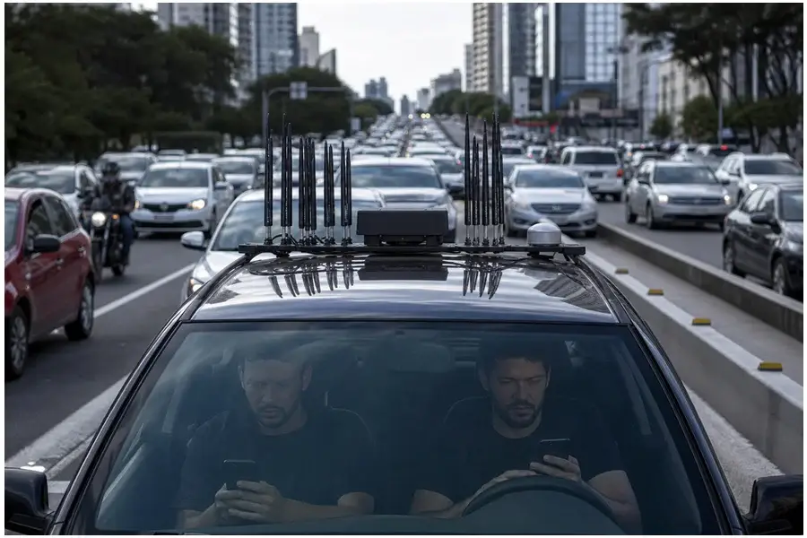 Veículo com antena clandestina operando em vias congestionadas de São Paulo para disseminar mensagens fraudulentas.