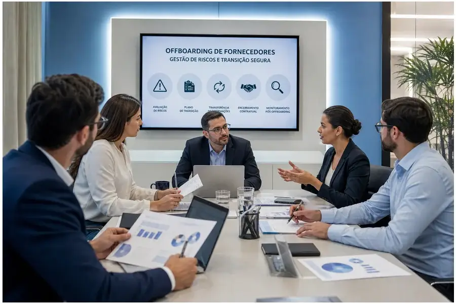 Profissionais em reunião corporativa discutindo offboarding de fornecedores em ambiente moderno e claro