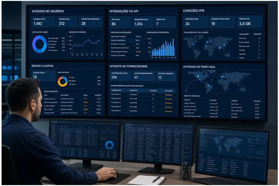 Painel de controle de segurança digital mostrando acessos e integrações ativas em ambiente corporativo