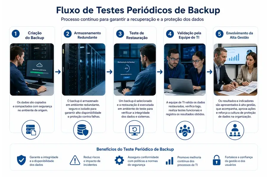 Diagrama ilustrativo do processo de testes periódicos de backup e envolvimento da gestão