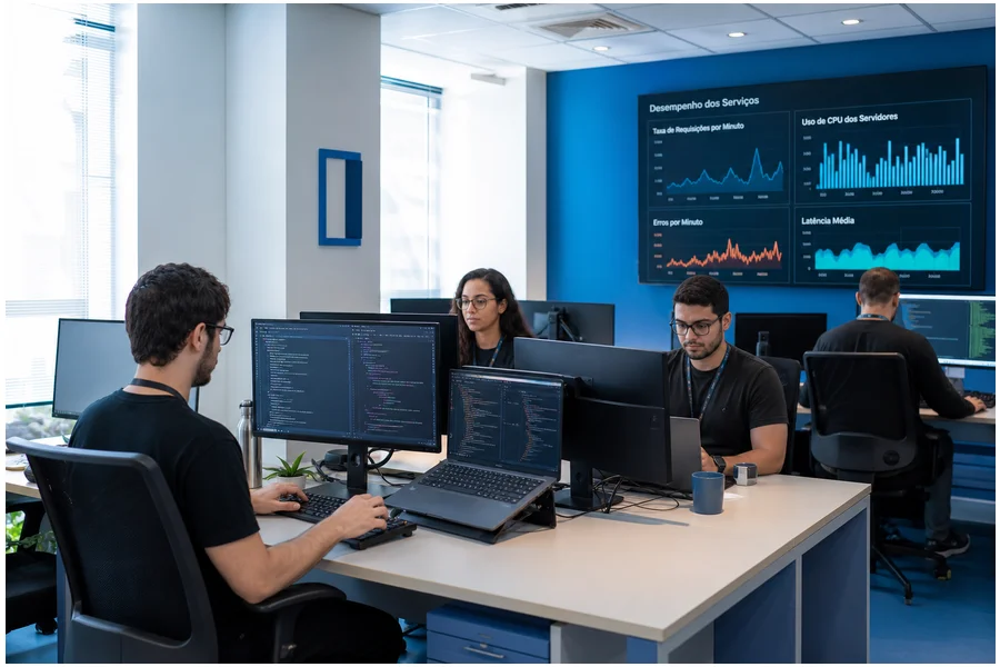 Equipe de desenvolvedores em escritório moderno trabalhando com plataformas internas de software.