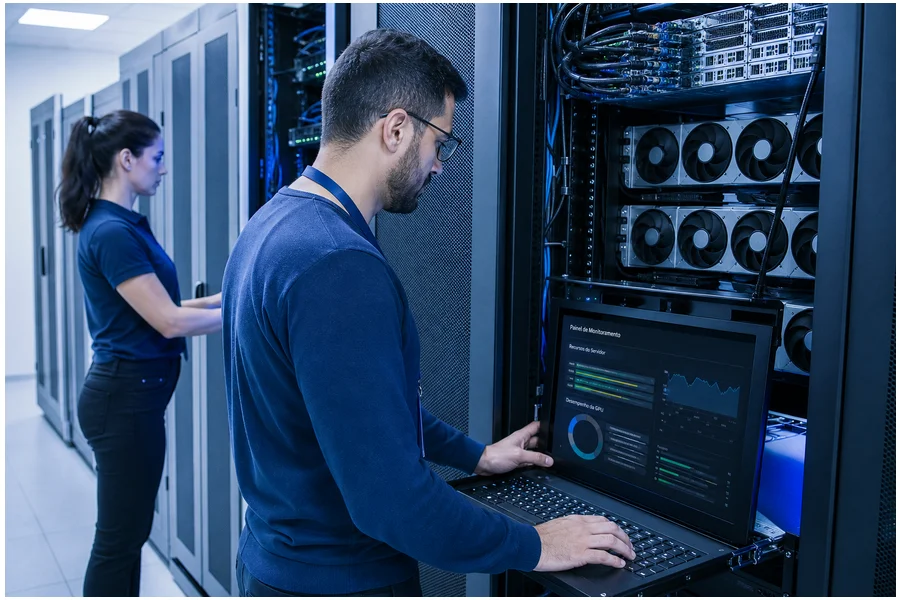 Infraestrutura de servidores com GPUs usadas para workloads de inteligência artificial em empresas.
