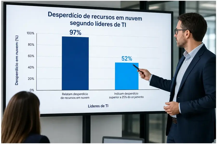 Gráfico de barras mostrando percentual de líderes de TI que identificam desperdício em recursos de nuvem e orçamento desperdiçado.