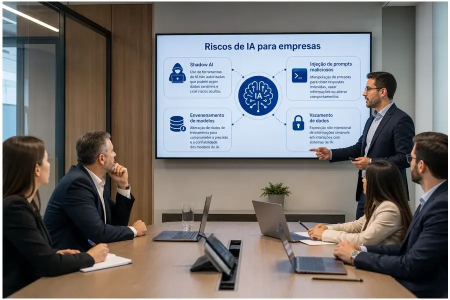 Equipe de TI discutindo riscos de segurança e compliance relacionados à inteligência artificial.