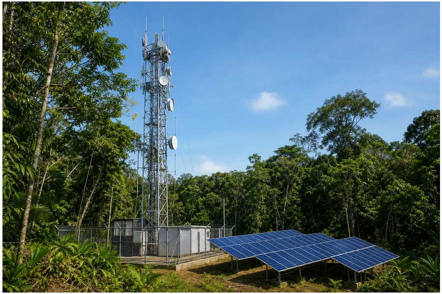 Estação de telecomunicações com antenas e painéis solares na floresta amazônica
