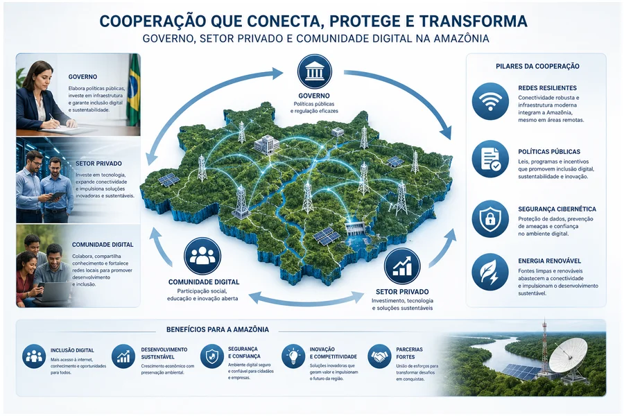 Mapa ilustrado da Amazônia mostrando integração de atores e tecnologias para soberania digital