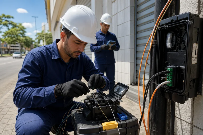 Técnico de telecomunicações fazendo fusão de fibra óptica na calçada em frente a um comércio.