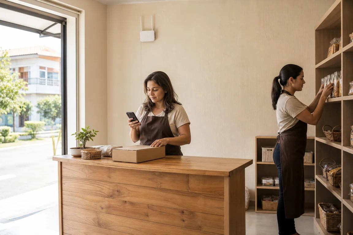 Dona de um pequeno negócio conferindo um pedido no balcão enquanto uma funcionária organiza a prateleira ao lado.