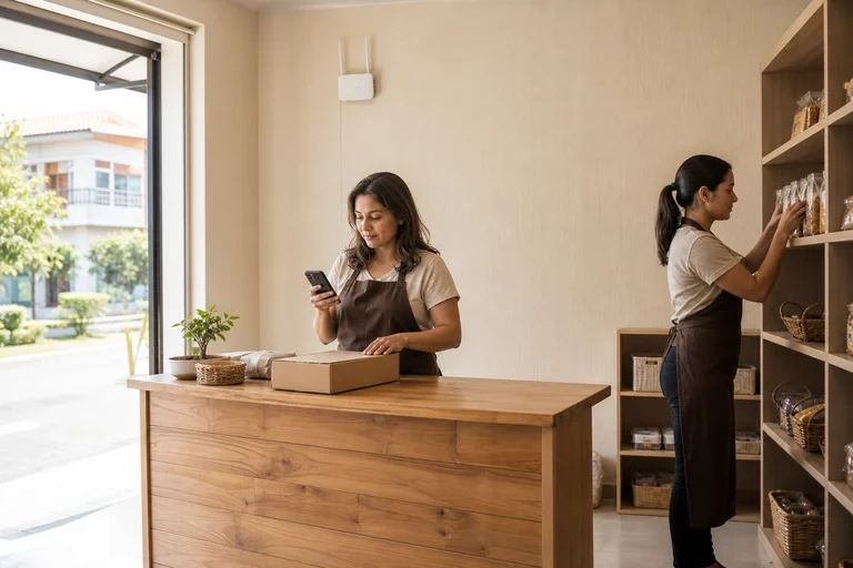 Dona de um pequeno negócio conferindo um pedido no balcão enquanto uma funcionária organiza a prateleira ao lado.