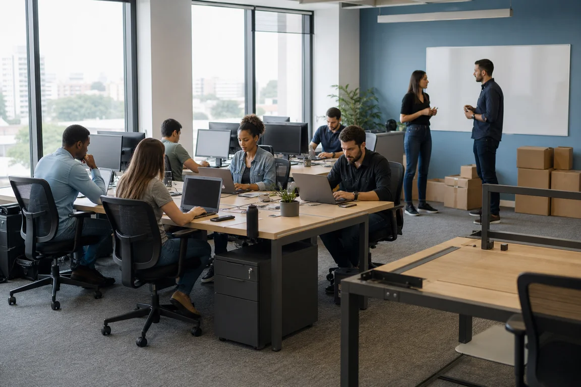 Escritório de empresa em expansão, com bancadas ocupadas, uma estação ainda sendo montada e caixas de mudança encostadas na parede.