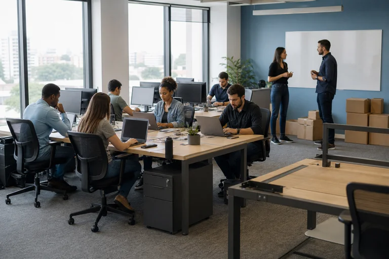Escritório de empresa em expansão, com bancadas ocupadas, uma estação ainda sendo montada e caixas de mudança encostadas na parede.