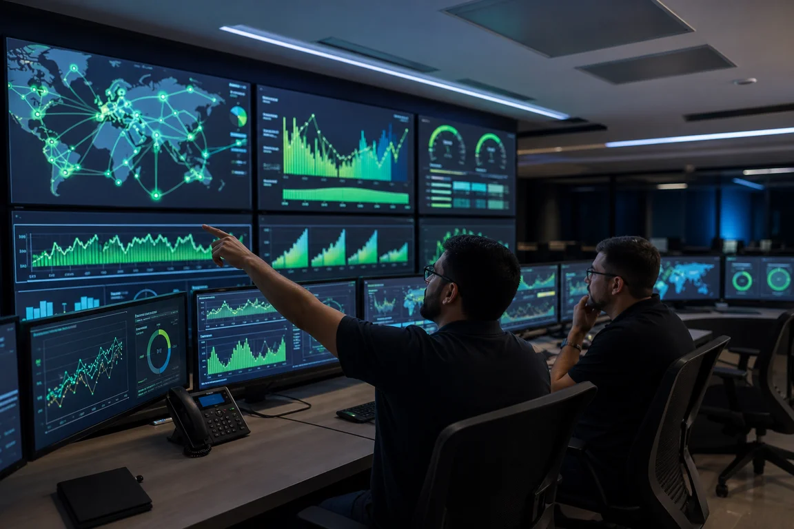 Dois operadores de plantão acompanhando uma parede de painéis de monitoramento de rede em plena madrugada.