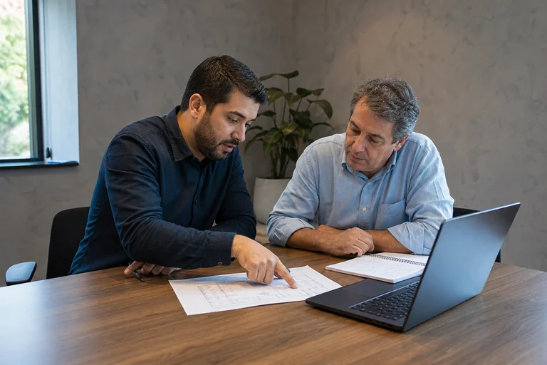 Engenheiro de redes e o dono de uma pequena empresa debruçados sobre a planta impressa do imóvel.
