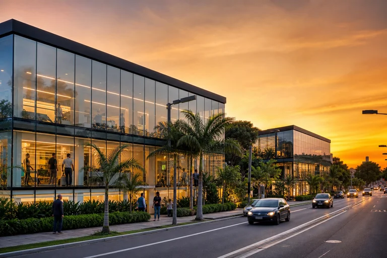 Duas unidades comerciais da mesma operação na mesma avenida, ao entardecer.