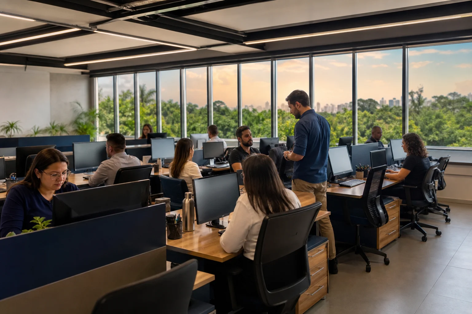 Equipe trabalhando em um escritório comercial no fim da tarde, com vegetação tropical pelas janelas ao fundo.