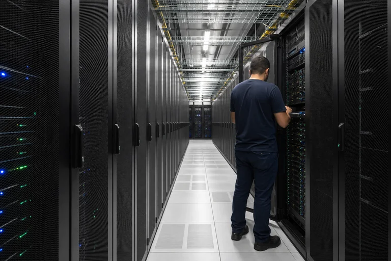 Corredor de data center com fileiras de racks fechados e um técnico conferindo um equipamento.