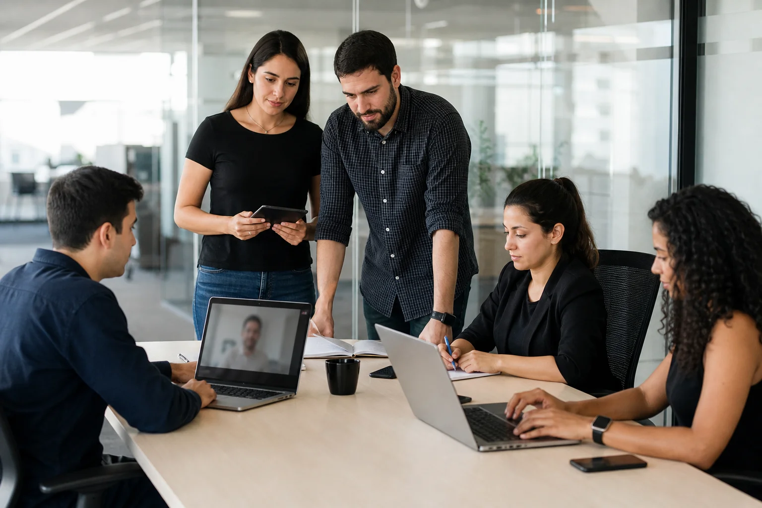 Equipe pequena reunida em torno de uma bancada de trabalho, com notebooks abertos e videochamada em andamento.