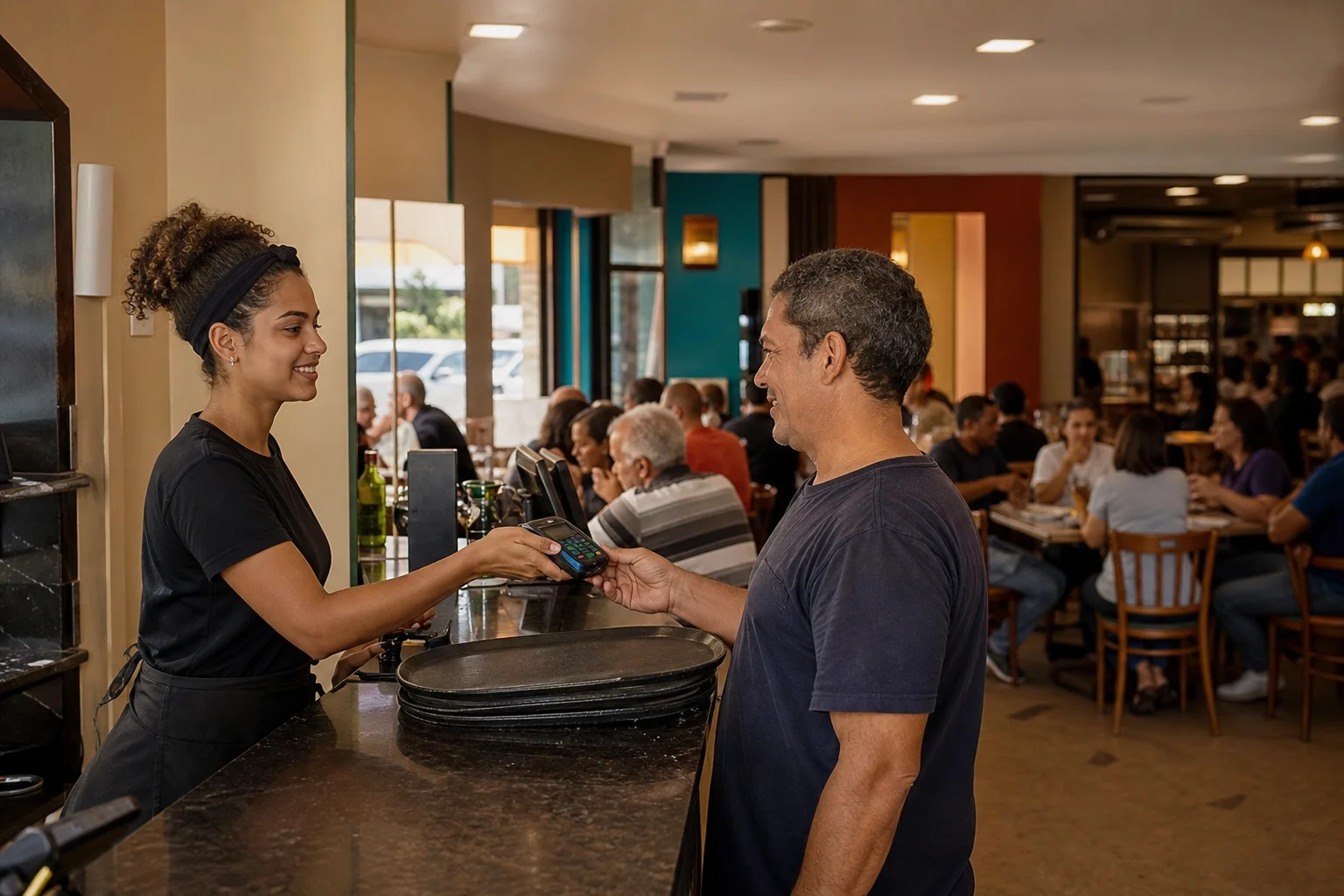 Interior de restaurante de bairro em horário de movimento, com atendimento no balcão e maquininha de pagamento em uso.