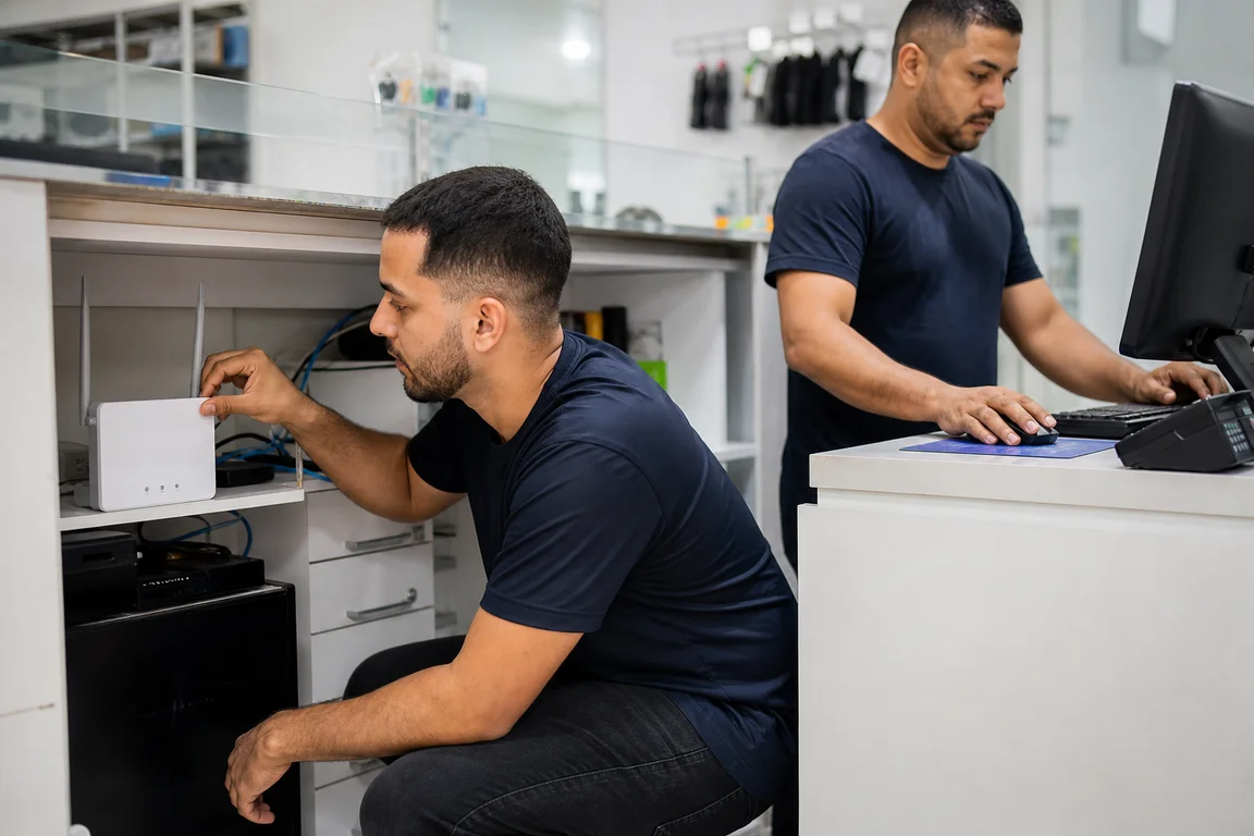 Técnico ajustando o roteador atrás do balcão de uma loja enquanto o comerciante confere o sistema no computador.