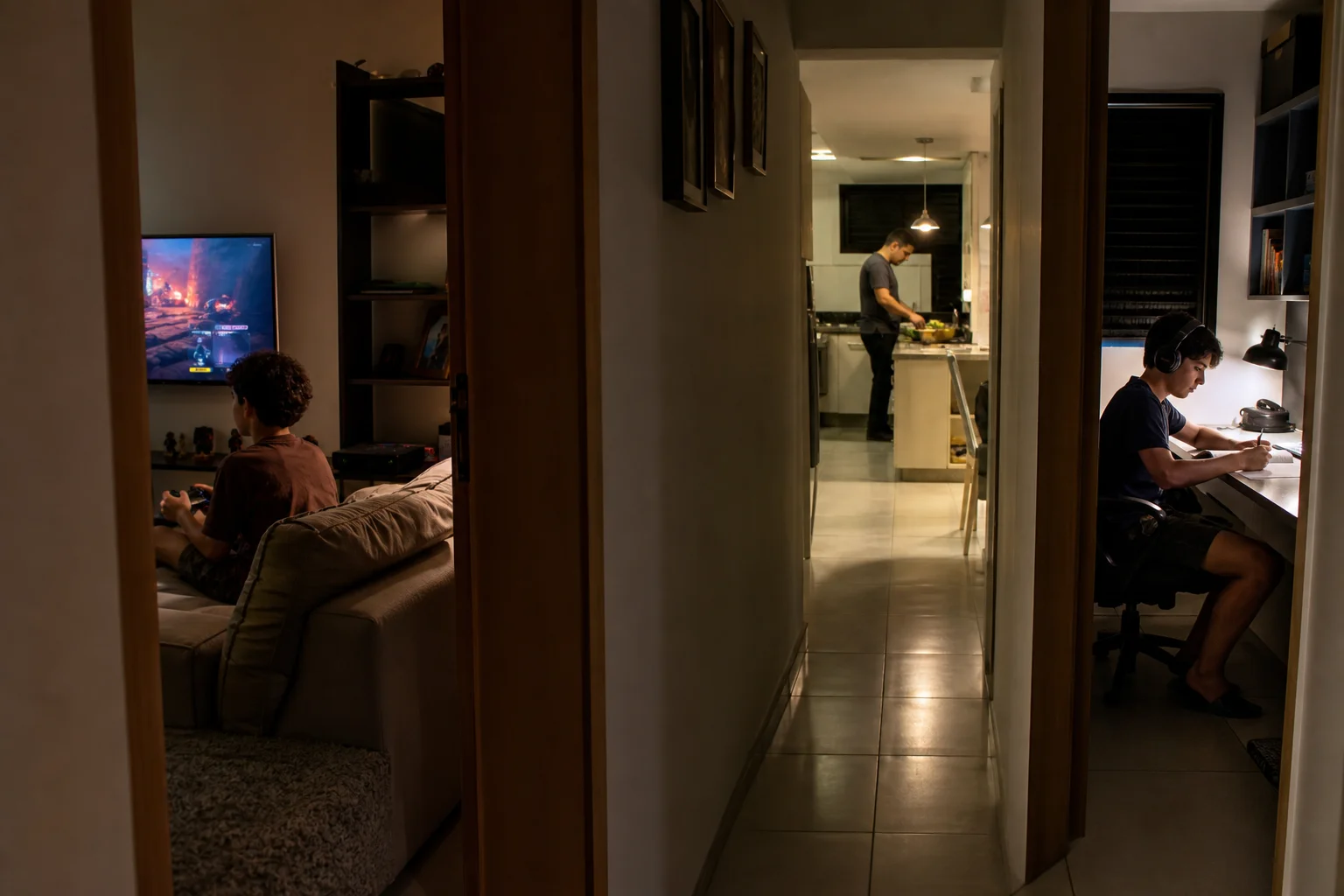 Sala de estar iluminada no fim da tarde, com televisão ligada, notebook aberto sobre a mesa e crianças brincando ao fundo.