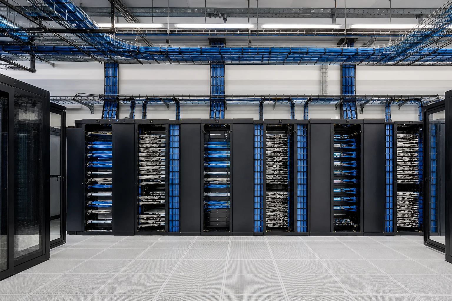 Sala de infraestrutura com racks e cabeamento estruturado organizado, iluminação fria e piso elevado.