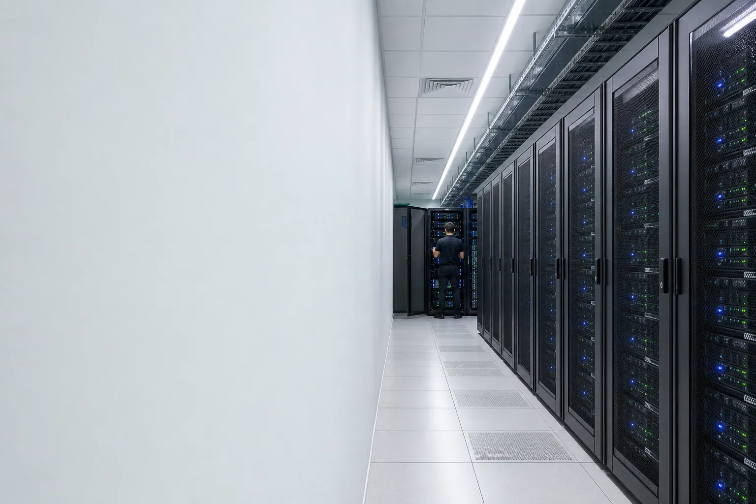 Corredor de datacenter com fileiras de racks fechados e luzes de status, e um técnico conferindo um equipamento.