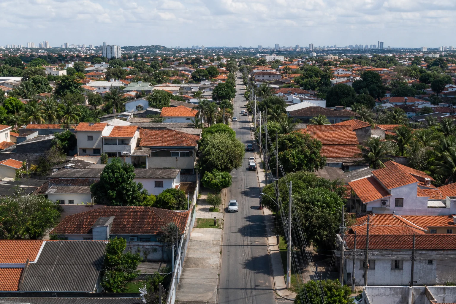 Avenida urbana com a rede aérea distribuída de forma alinhada entre os postes