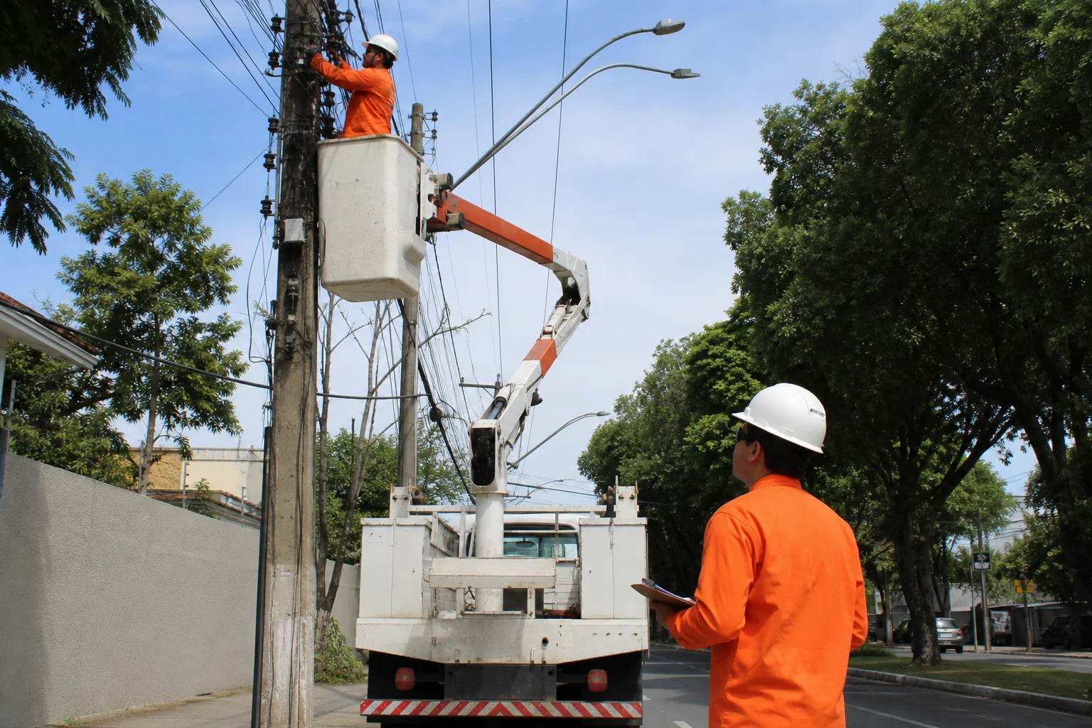 Poste urbano de concreto com a rede aérea organizada em feixes paralelos