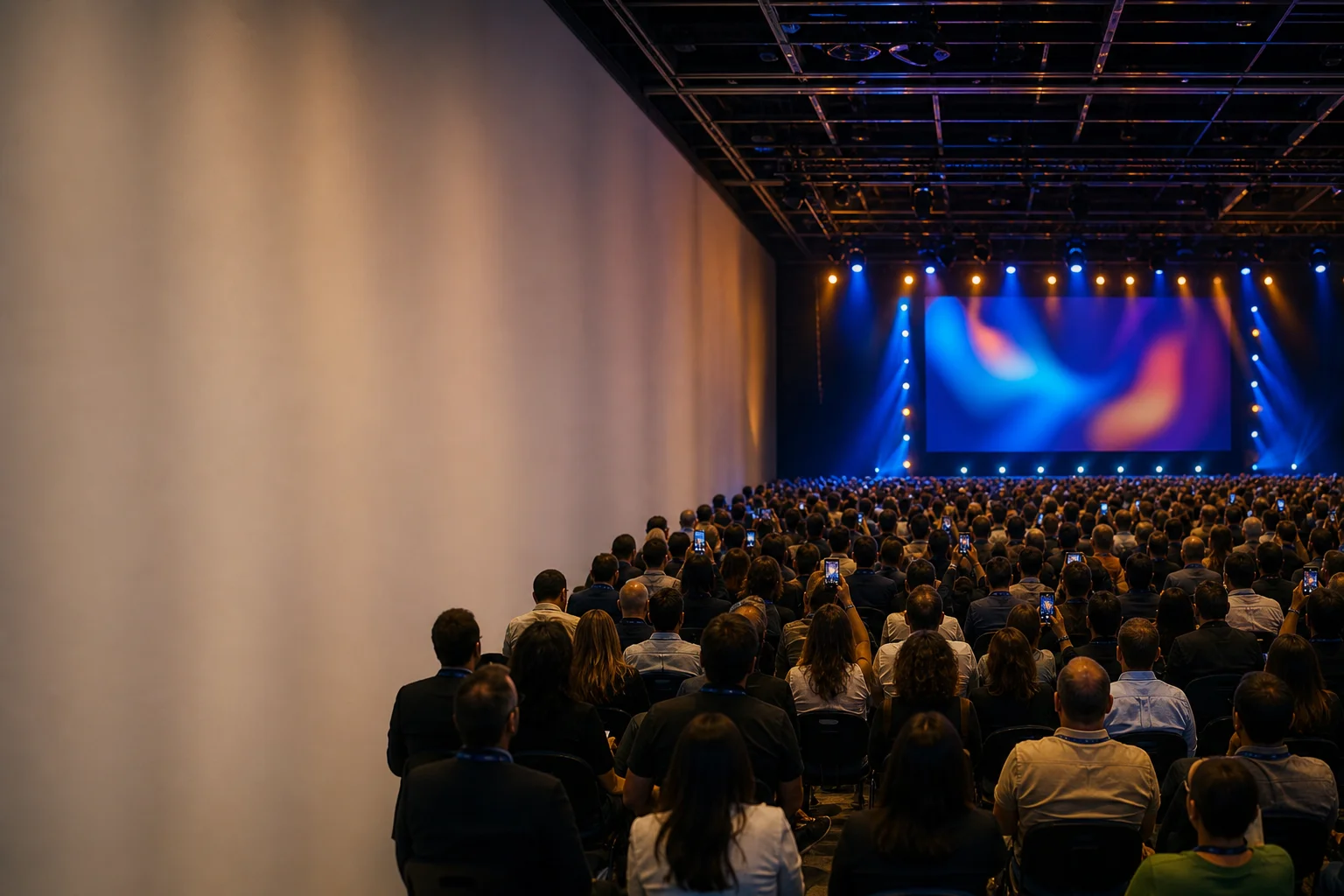 Público de um festival ao ar livre no início da noite, com palco iluminado ao fundo e pessoas usando o celular na plateia.
