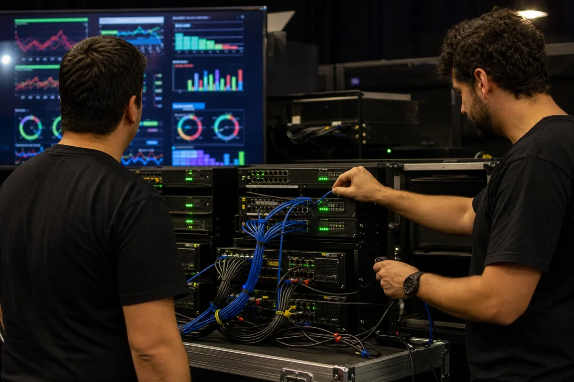 Equipe técnica conferindo notebooks e um rack montado nos bastidores enquanto o público começa a chegar ao evento.