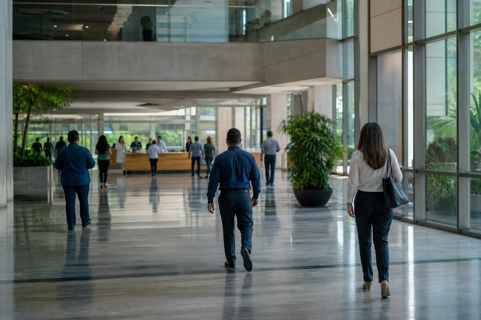Saguão de um prédio público em dia de trabalho, com servidores circulando.