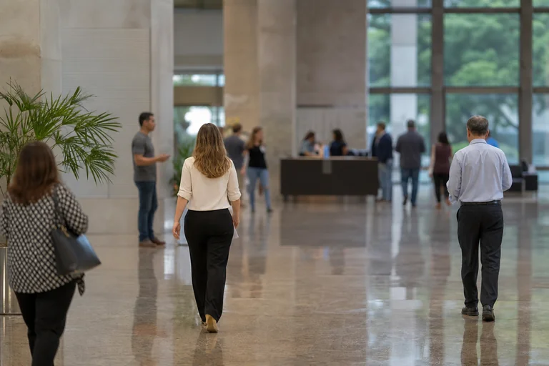 Saguão de prédio público em dia de trabalho.