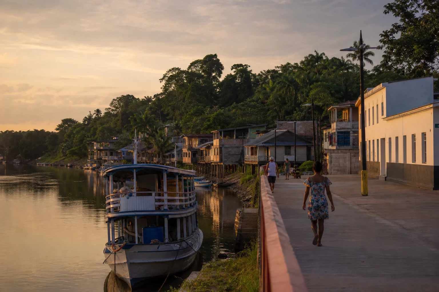 Cidade ribeirinha do Amazonas ao amanhecer, com barco atracado e prédio público simples na orla.