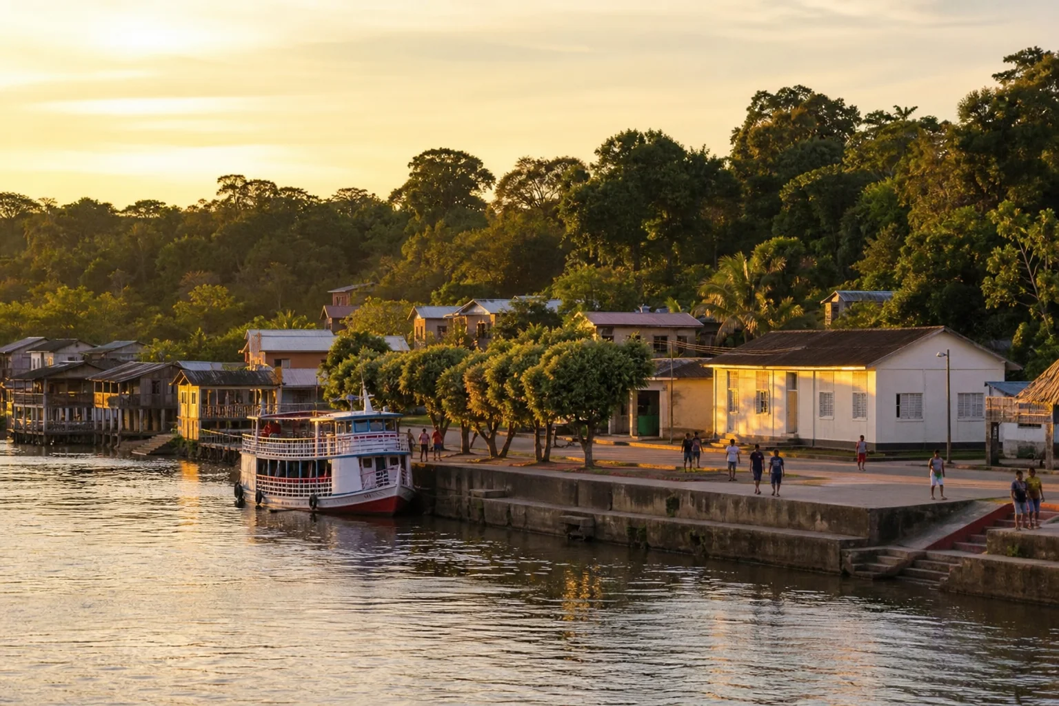 Cidade ribeirinha do Amazonas ao amanhecer, com barco atracado e prédio público simples na orla.
