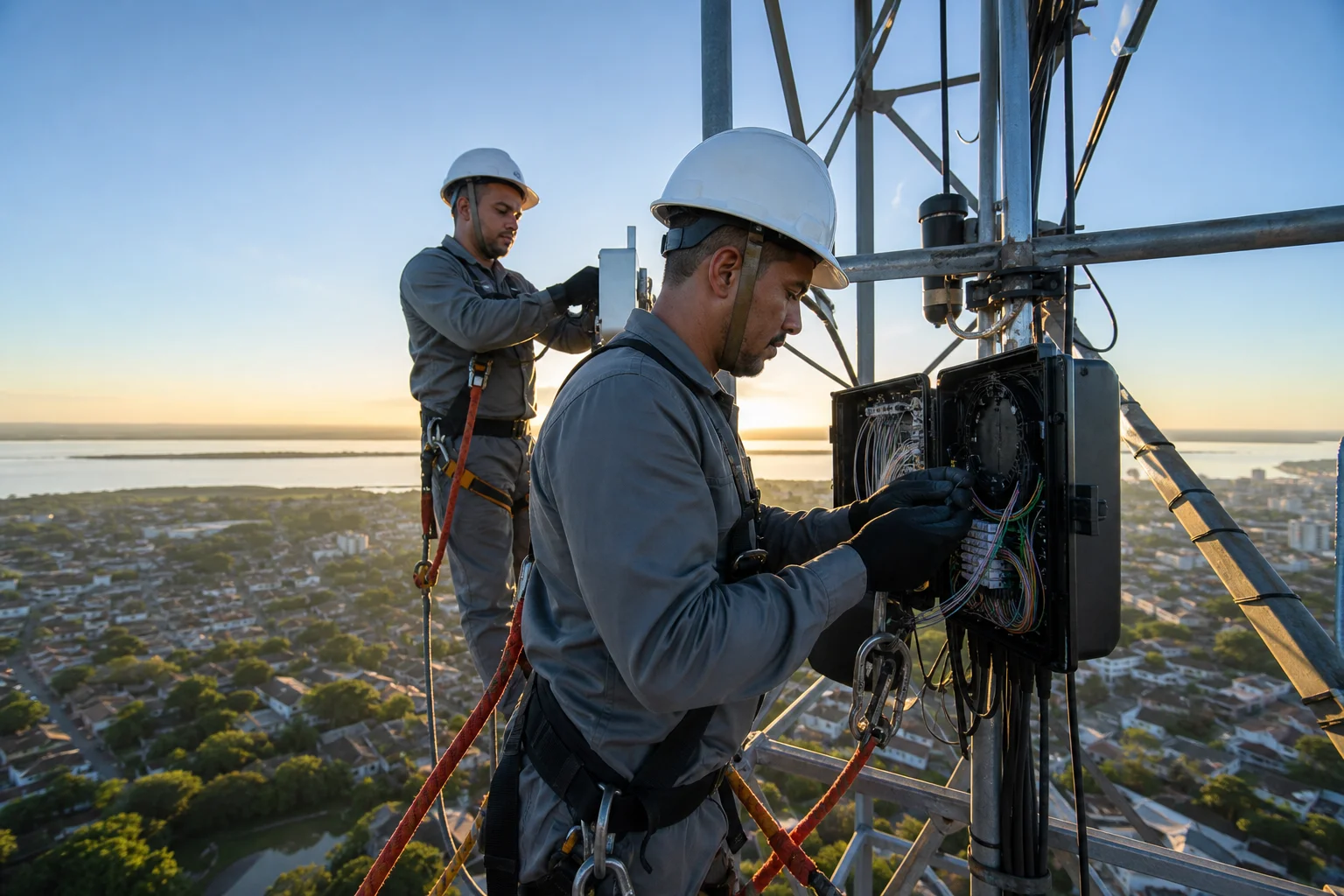 Técnicos emendando fibra óptica no alto de uma torre de transmissão, ao amanhecer, com a cidade ao fundo.