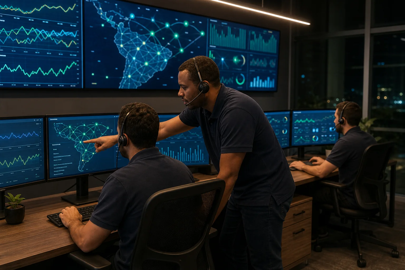 Central de atendimento técnico em turno da noite, com operadores acompanhando painéis de monitoramento da rede.