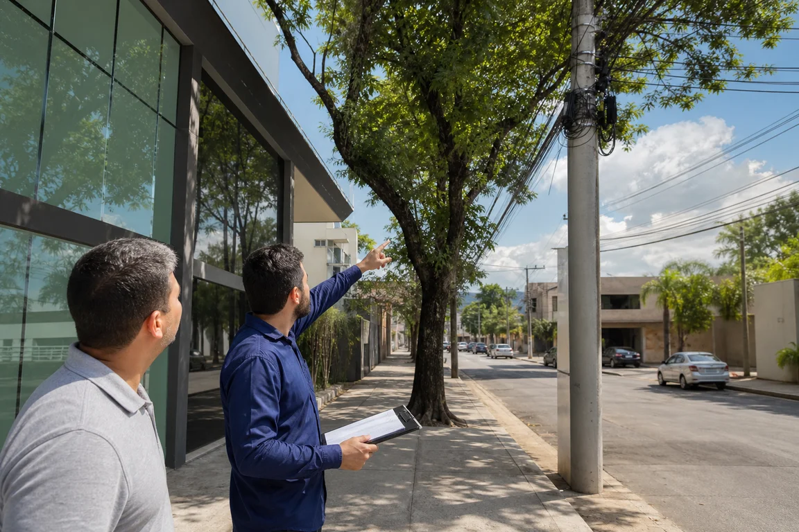 Engenheiro de redes apontando para o poste de fibra na esquina enquanto o dono do comércio acompanha.