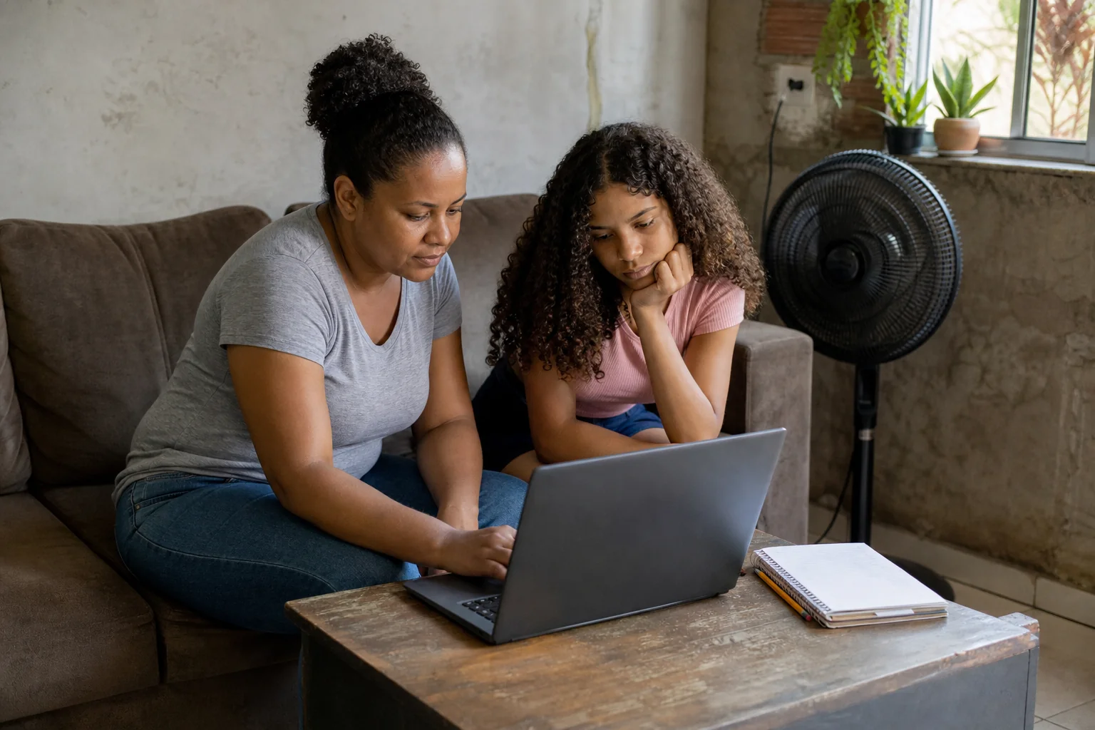 Mãe e filha usando um notebook na sala de casa.