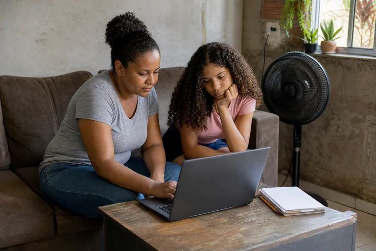 Mãe e filha usando um notebook na sala de casa.