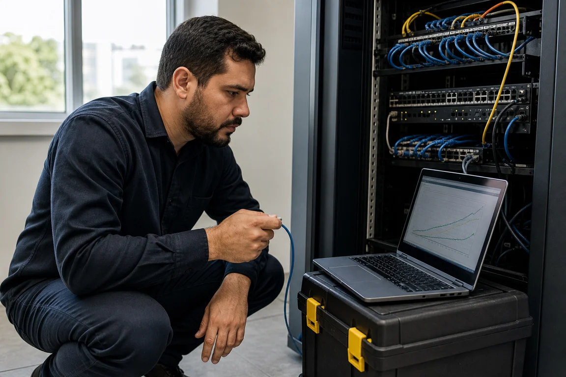 Engenheiro de redes conferindo em campo o resultado de um teste de banda em um notebook, junto ao rack do cliente.