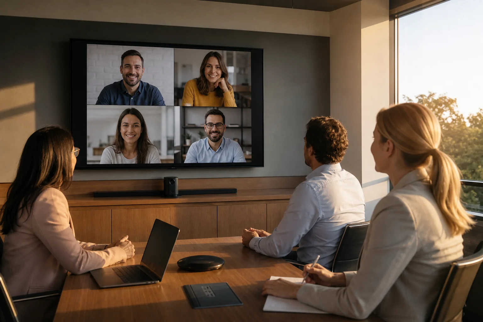 Sala de reunião com videoconferência em andamento na tela da parede e três pessoas acompanhando.