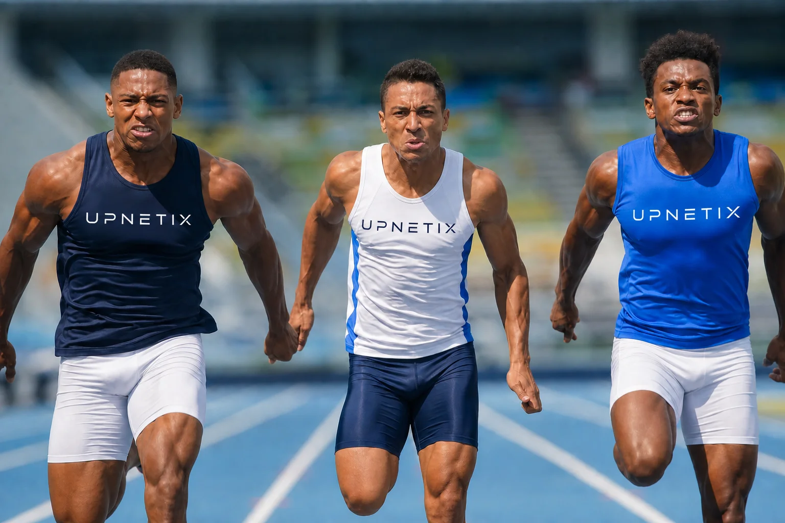Três velocistas com uniformes Upnetix em disparada numa pista olímpica.